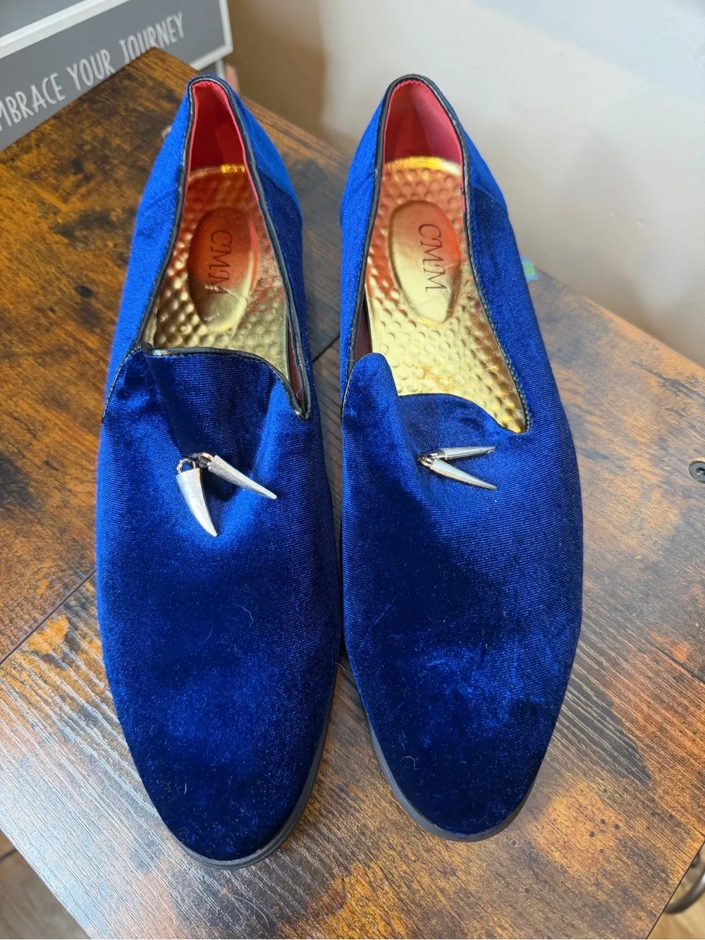 CMM royal blue velvet loafers gold-toned spike detail on the vamp Size 15